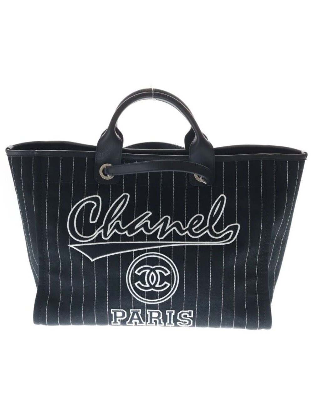 Chanel Deauville GM Canvas Leather Silver 2-Way Chain Tote Bag Plate Black